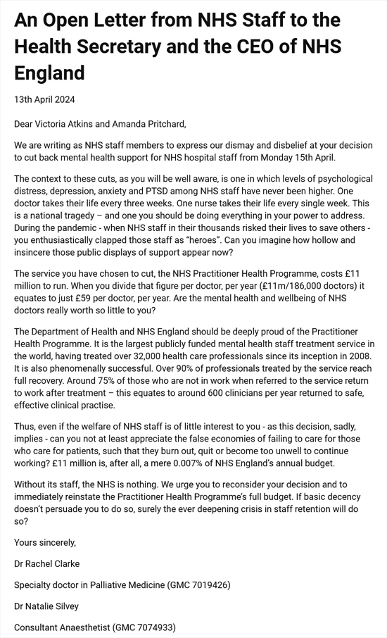 image: Open Letter regarding the closure of mental health support services run for GPs and Nurses in the NHS