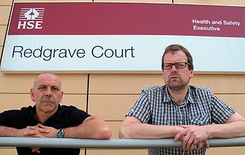 University of Liverpool's leading Health & Safety experts Steve Tombs & David Whyte outside HSE offices