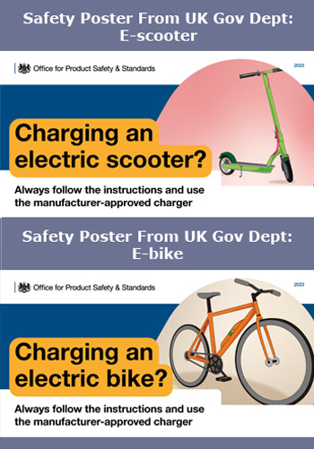 image: E-bike and E-scooter faety posters from UK Gov - click to go to Gov webpage containing images to download and print