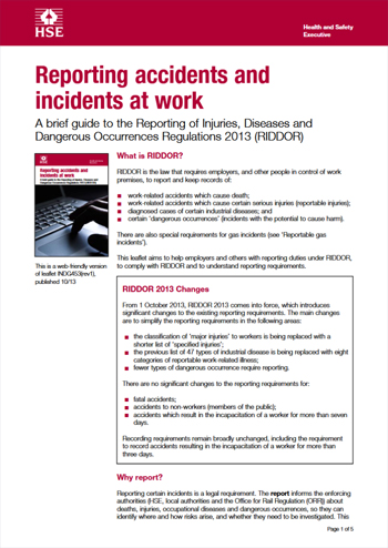 image: HSE guide to RIDDOR -  Click to download from the E-Library
