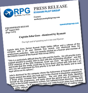Pic: press release from Ryainair Pilots Group on sacking of pilot - click to download